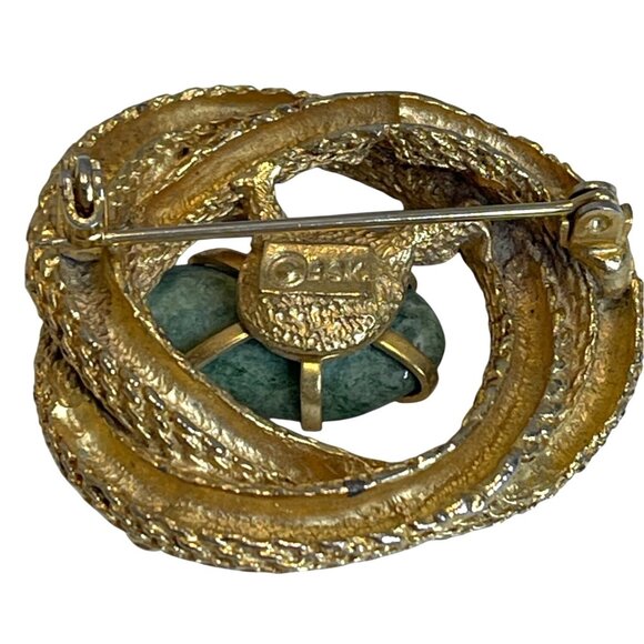 BSK Vintage Pin Textured Twisted Rope Knot Gold-Tone Brooch Green Stone Agate - Picture 7 of 9